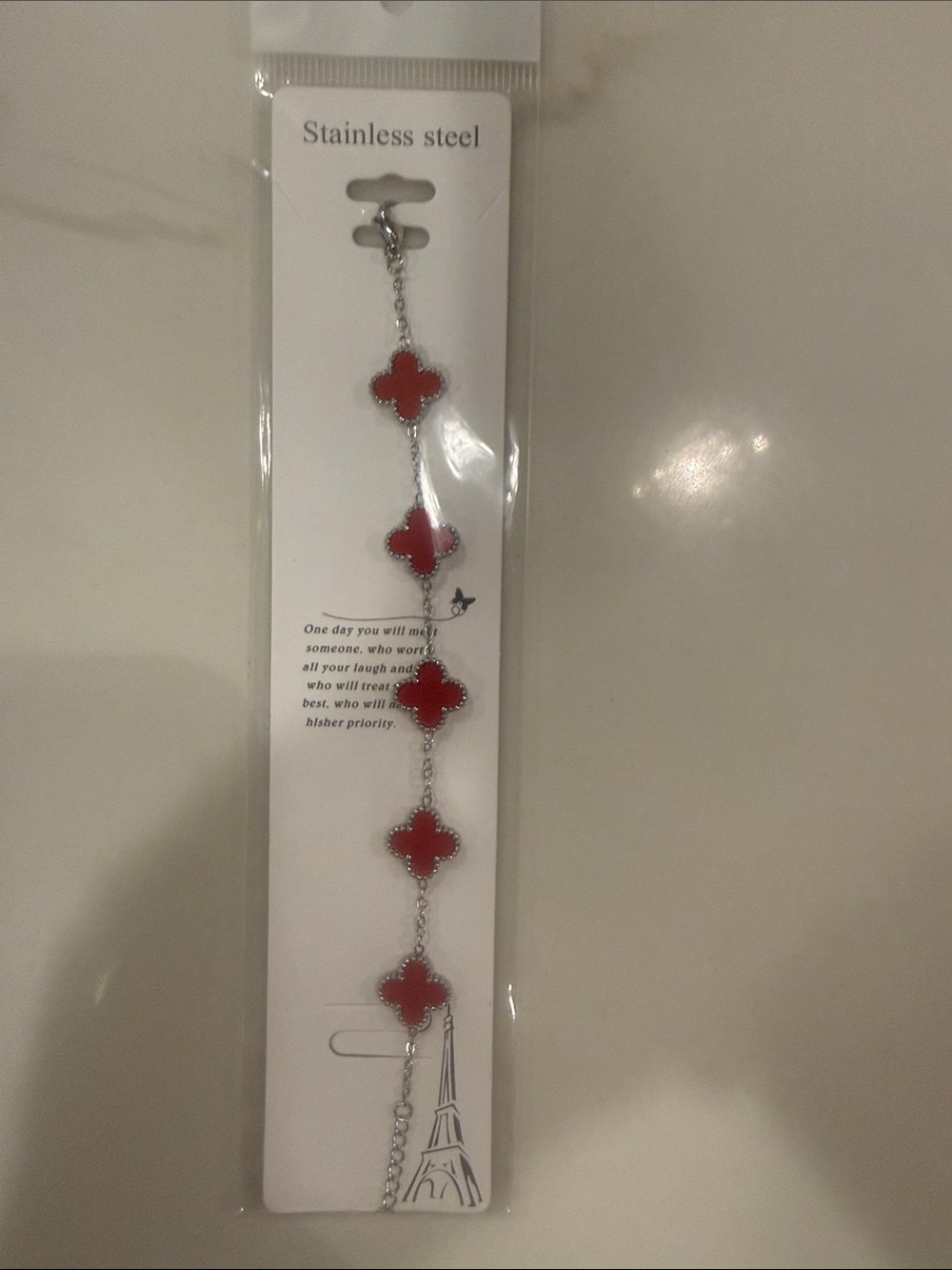 Silver-Tone Bracelet with Red Clover Accents silver tone hardware
